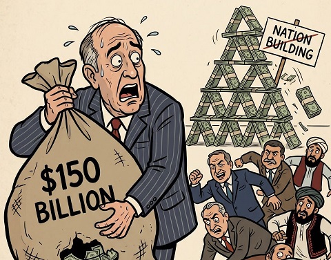 Cartoon image of a man with 150 billion dollar money and pursuers